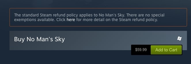 Klik pro zvětšení (Steam tvrdí, že na reklamácie No Man´s Sky sa nevzťahujú špeciálne pravidlá)