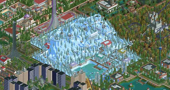 Klik pro zvětšení (10 rokov zdokonaľoval svoj park v hre Rollercoaster Tycoon 2)