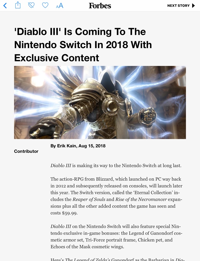 Klik pro zvětšení (Diablo III na Switch sa opäť pripomína, ponúkne kooperáciu s The Legend of Zelda)