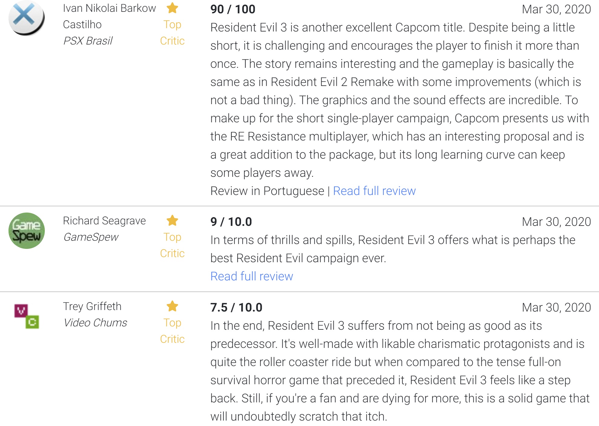 Klik pro zvětšení (Vychádzajú recenzie na Resident Evil 3 a sú...)